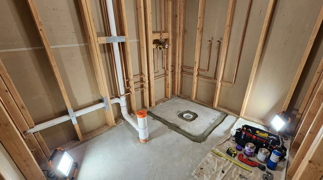 Bathroom rough-in plumbing during remodel by Johns Plumbing LLC in Kingman