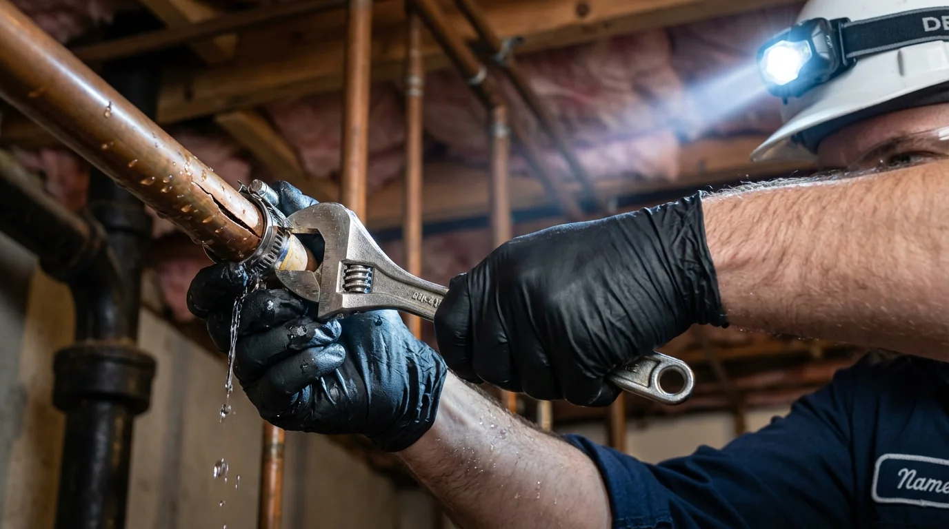 Emergency pipe clamp repair being performed by a Johns Plumbing LLC plumber in Kingman